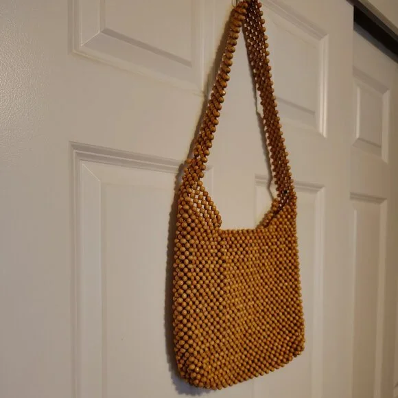 Vintage Bijoux Terner Wood Beaded Shoulder Bag Purse Western Minimalist Boho - Picture 5 of 9